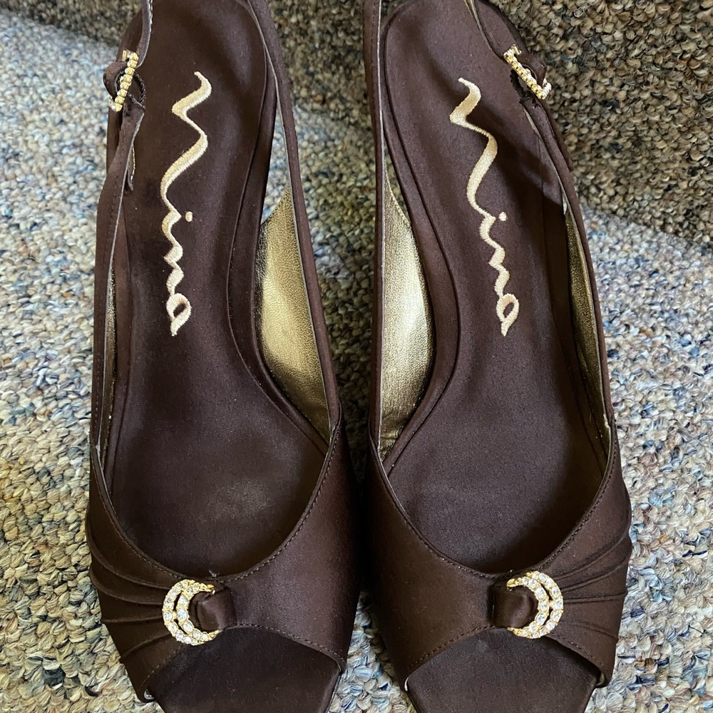 Nina Brown Satin Peep-Toe Heels with Gold Accent